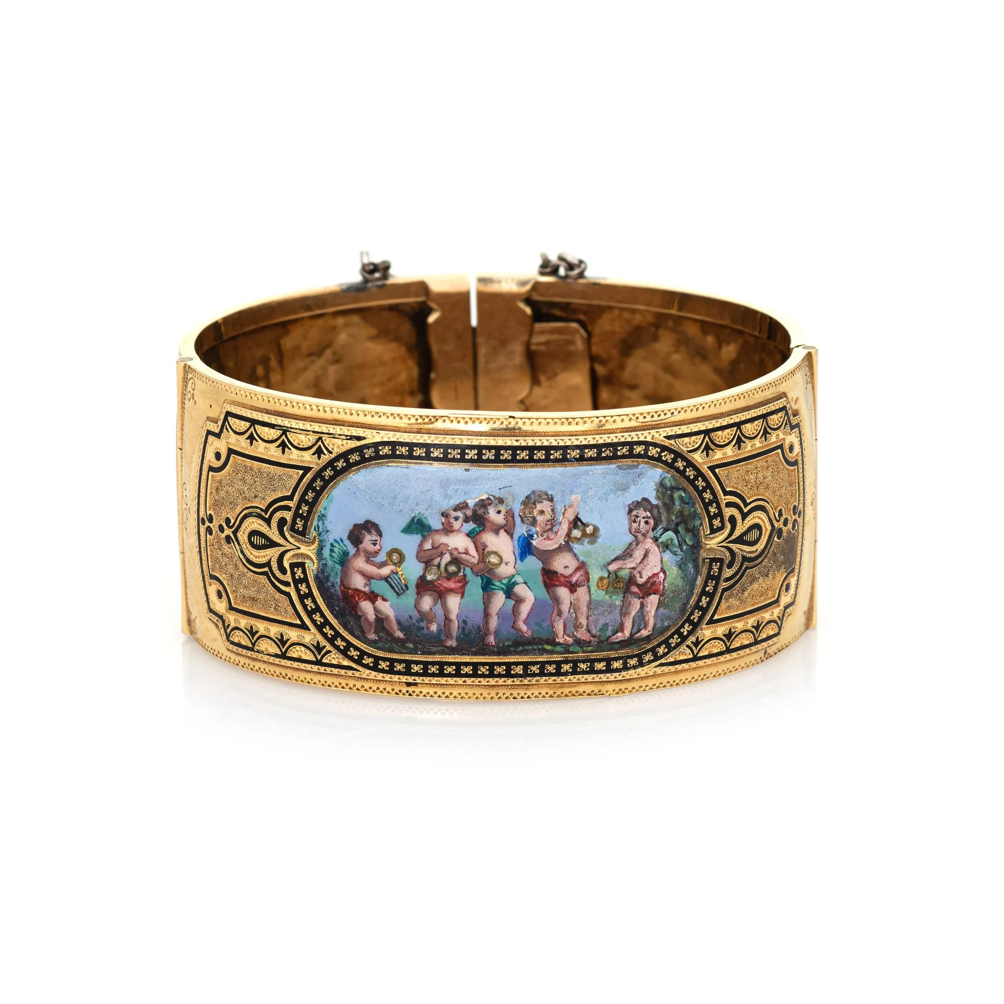 Antique Victorian Cherub Cupid Bracelet Enamel 14k Yellow Gold 6.5" Fine Jewelry