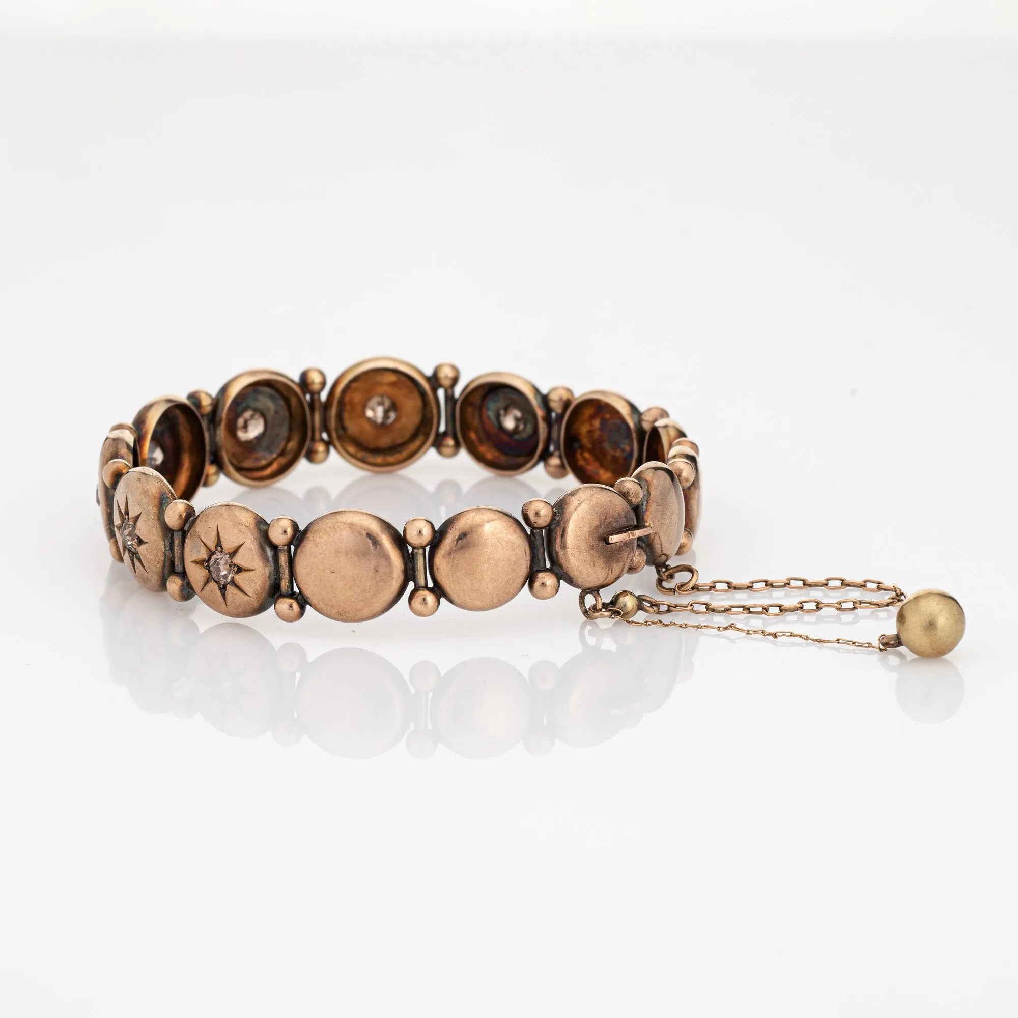 Antique Victorian Diamond Bracelet 9k Rose Gold Round Button Links 6.25" Jewelry