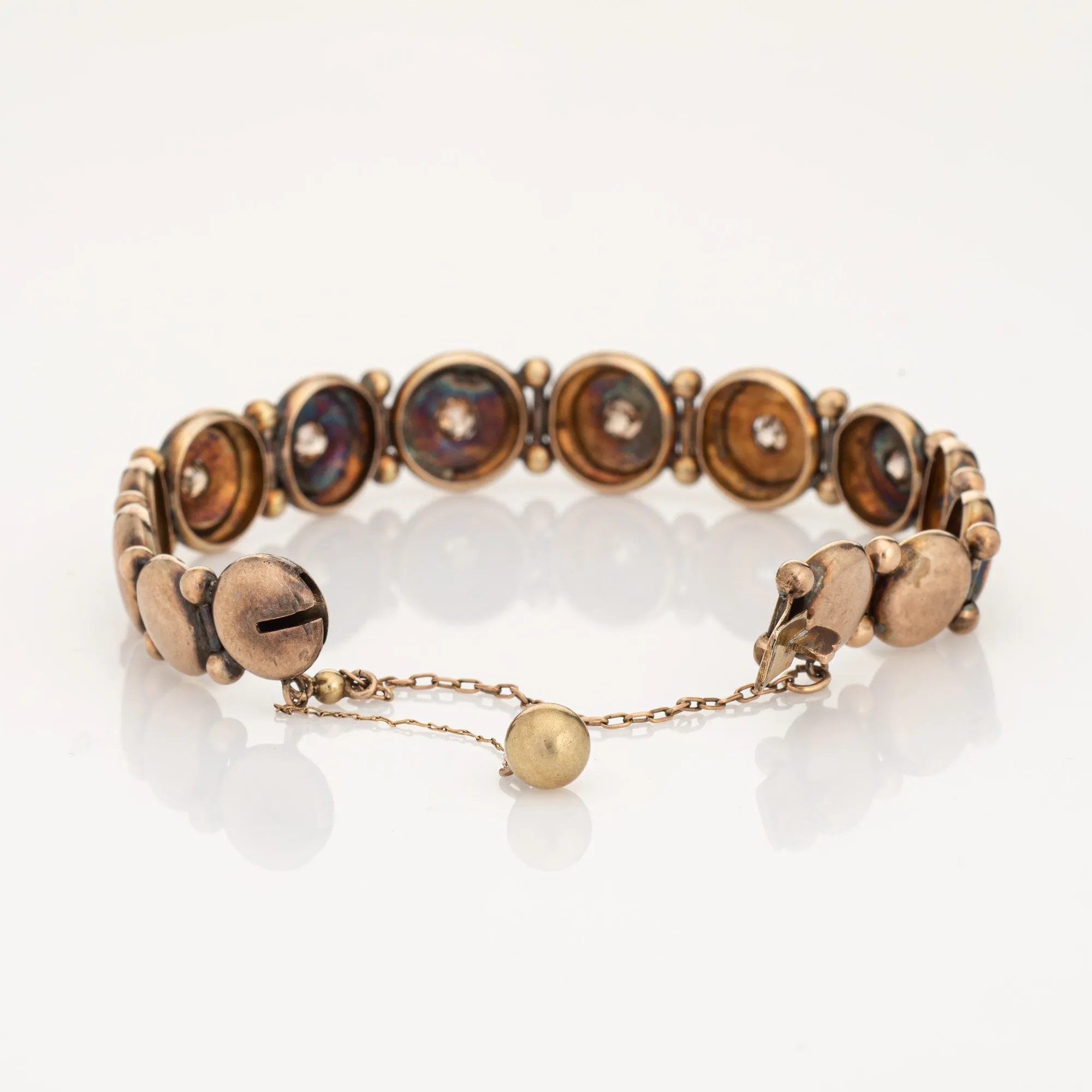 Antique Victorian Diamond Bracelet 9k Rose Gold Round Button Links 6.25" Jewelry