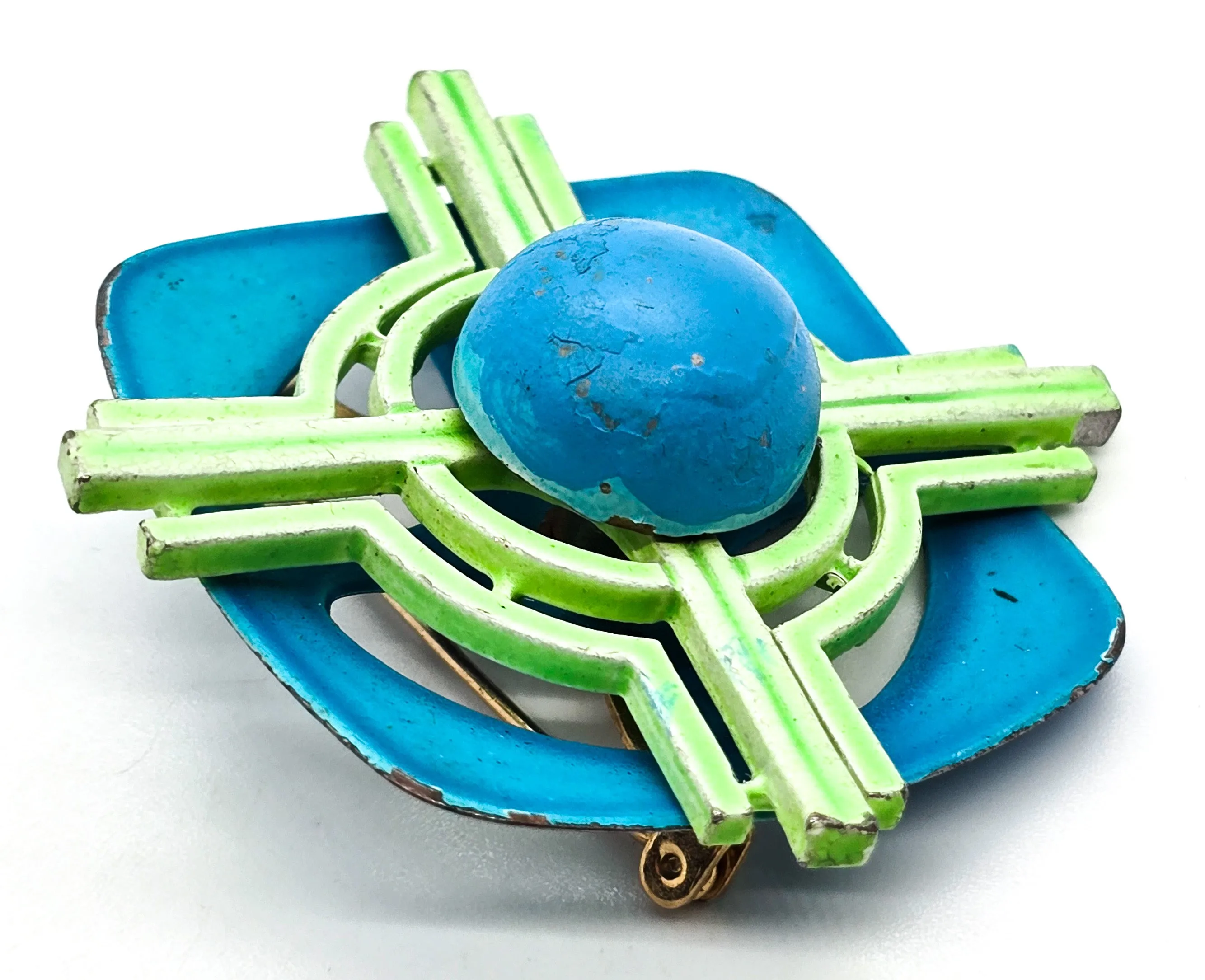 Aqua blue and green retro mod abstract mid century enamel tin pin brooch