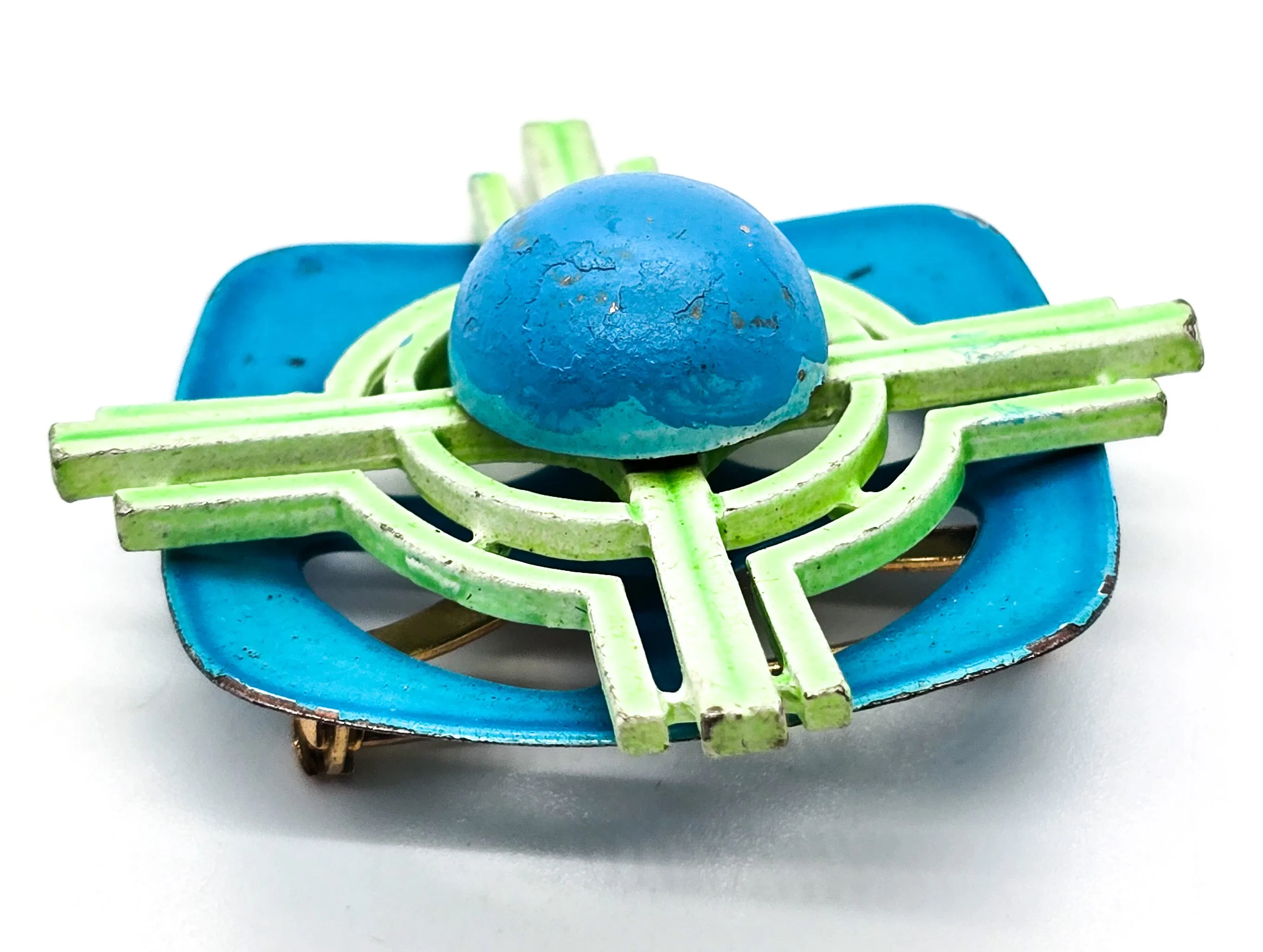 Aqua blue and green retro mod abstract mid century enamel tin pin brooch