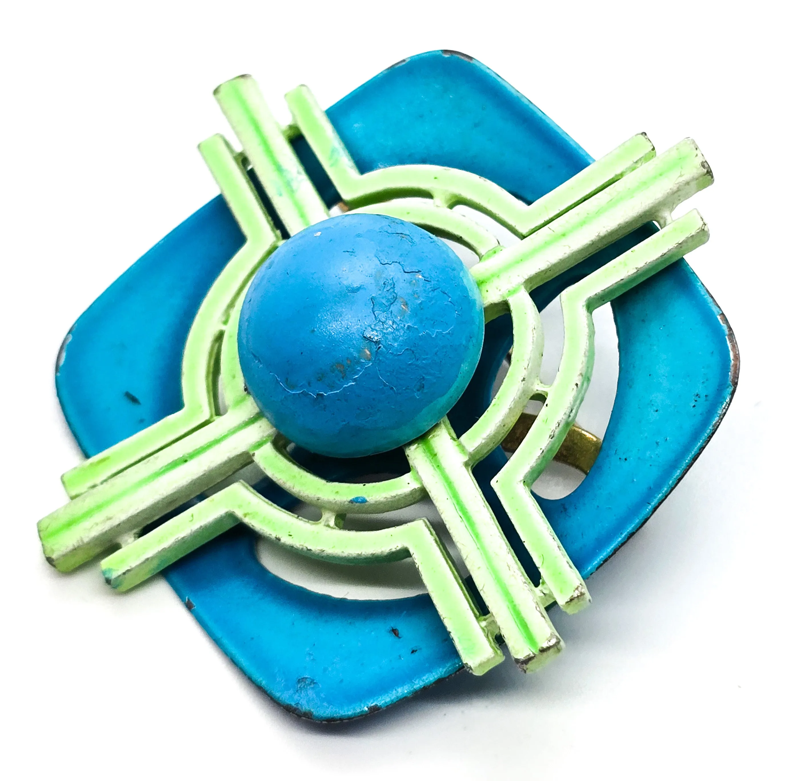 Aqua blue and green retro mod abstract mid century enamel tin pin brooch