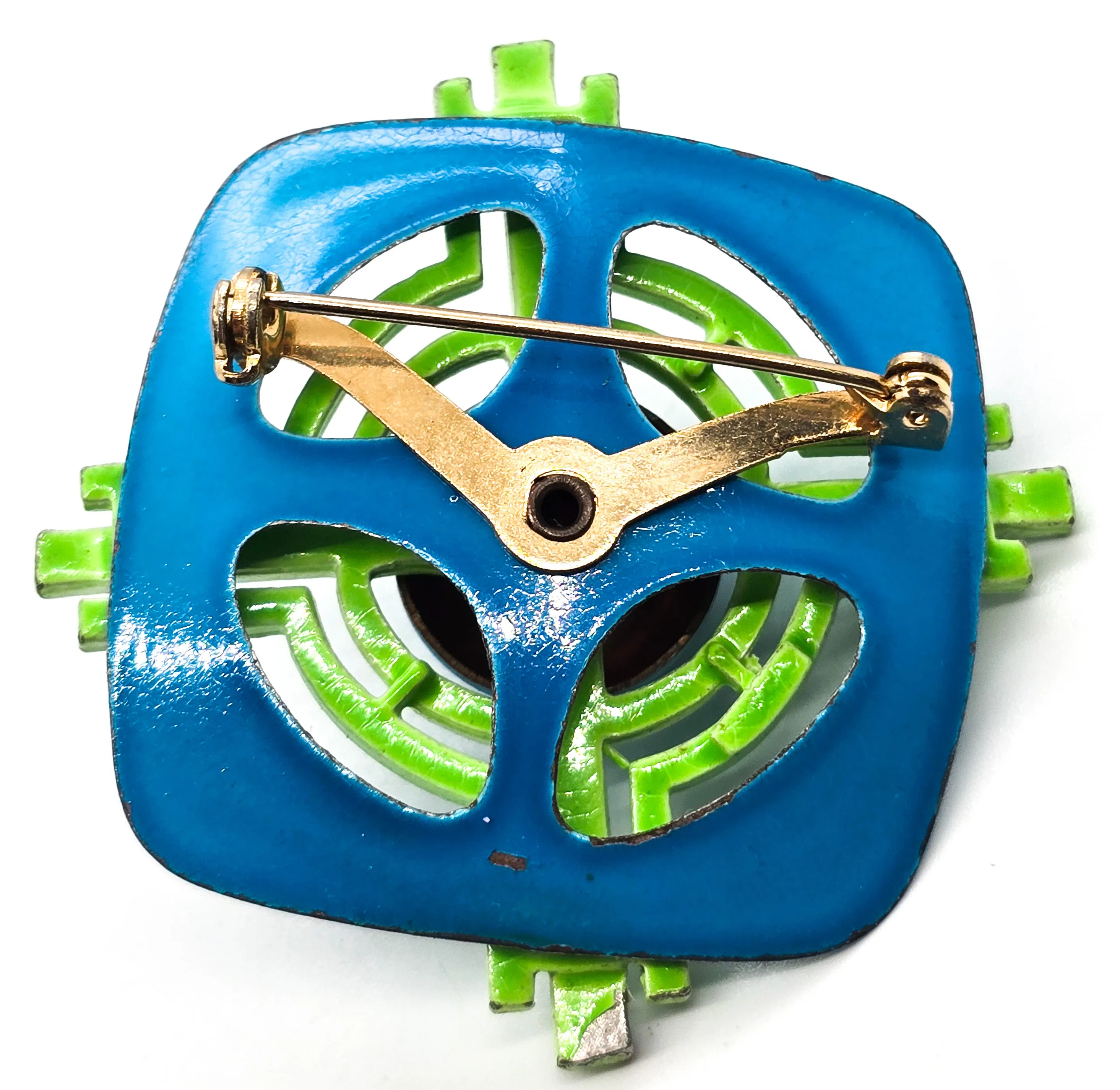 Aqua blue and green retro mod abstract mid century enamel tin pin brooch