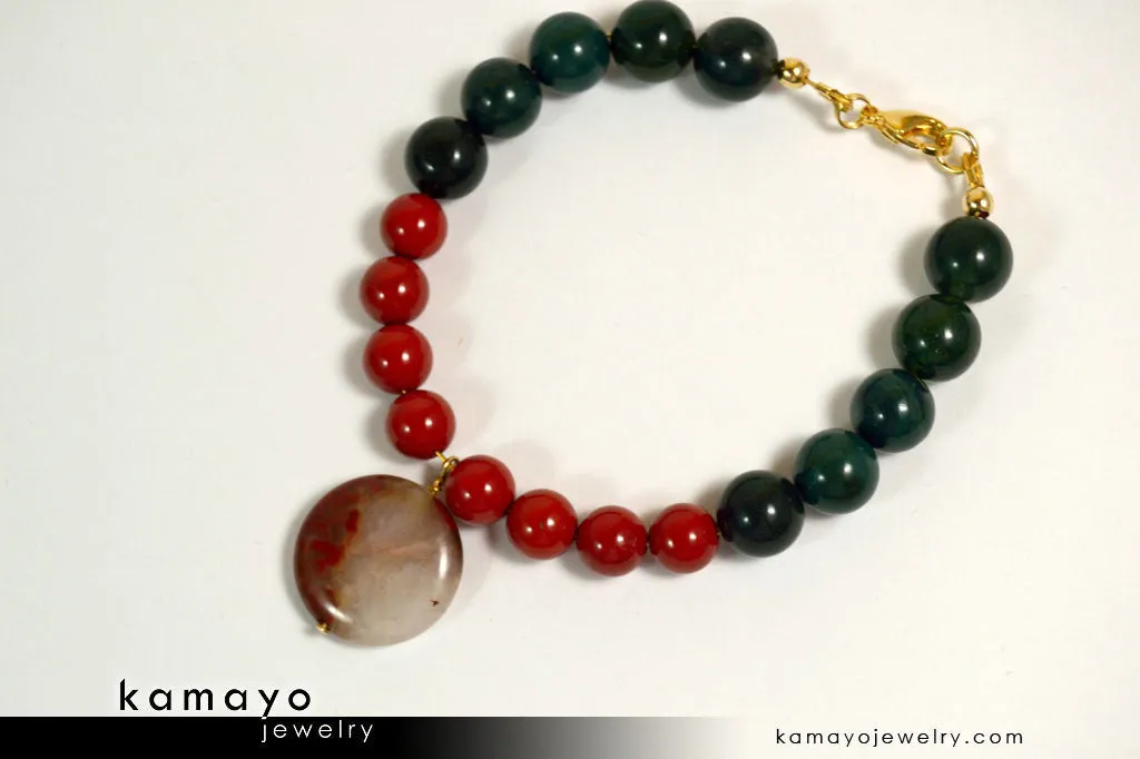 ARIES BRACELET - Coin Red Jasper Pendant and Green Jasper Beads