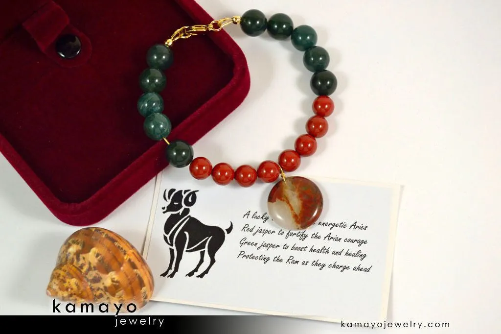 ARIES BRACELET - Coin Red Jasper Pendant and Green Jasper Beads