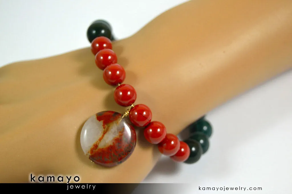 ARIES BRACELET - Coin Red Jasper Pendant and Green Jasper Beads