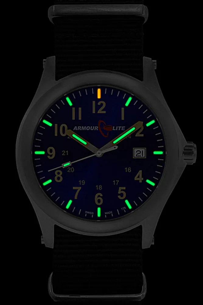 ArmourLite Field Tritium Watch, AL103 Blue Dial, Shatterproof Armourglass, Steel Bracelet