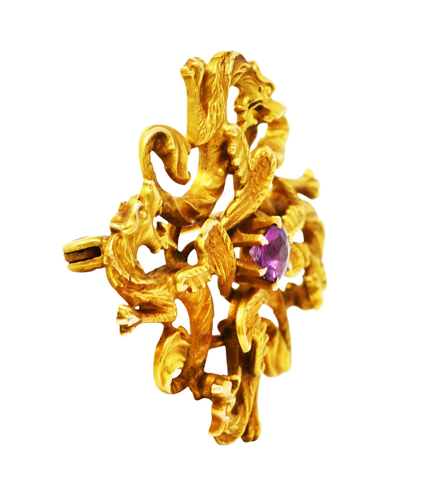 Art Nouveau Spinel 14 Karat Gold Dragon Brooch