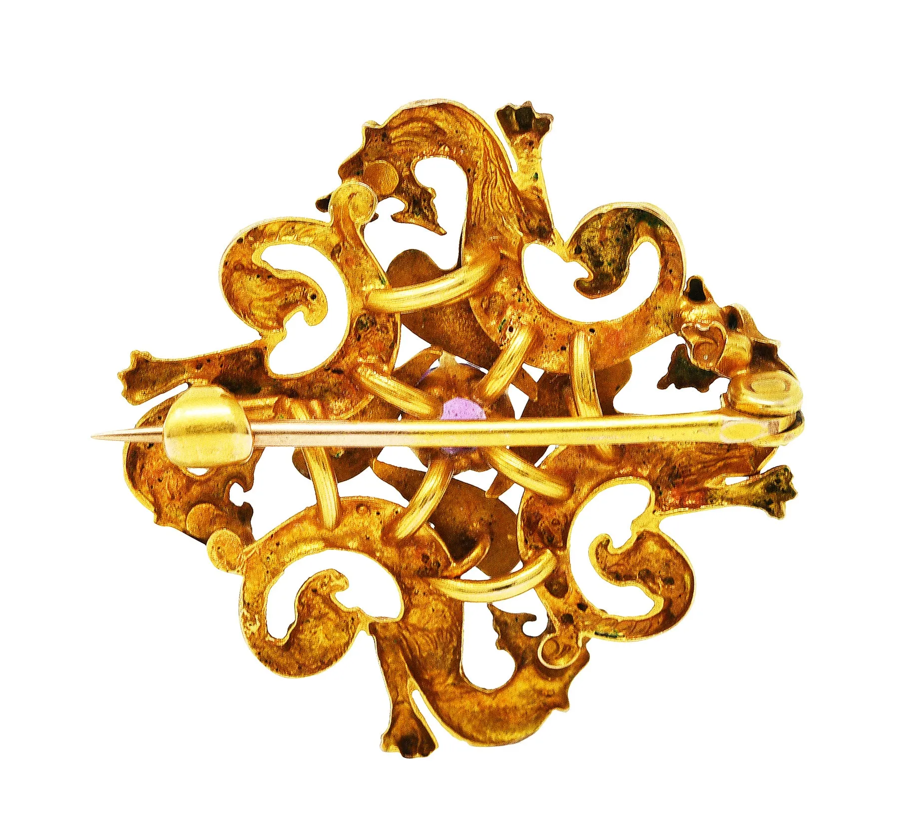 Art Nouveau Spinel 14 Karat Gold Dragon Brooch