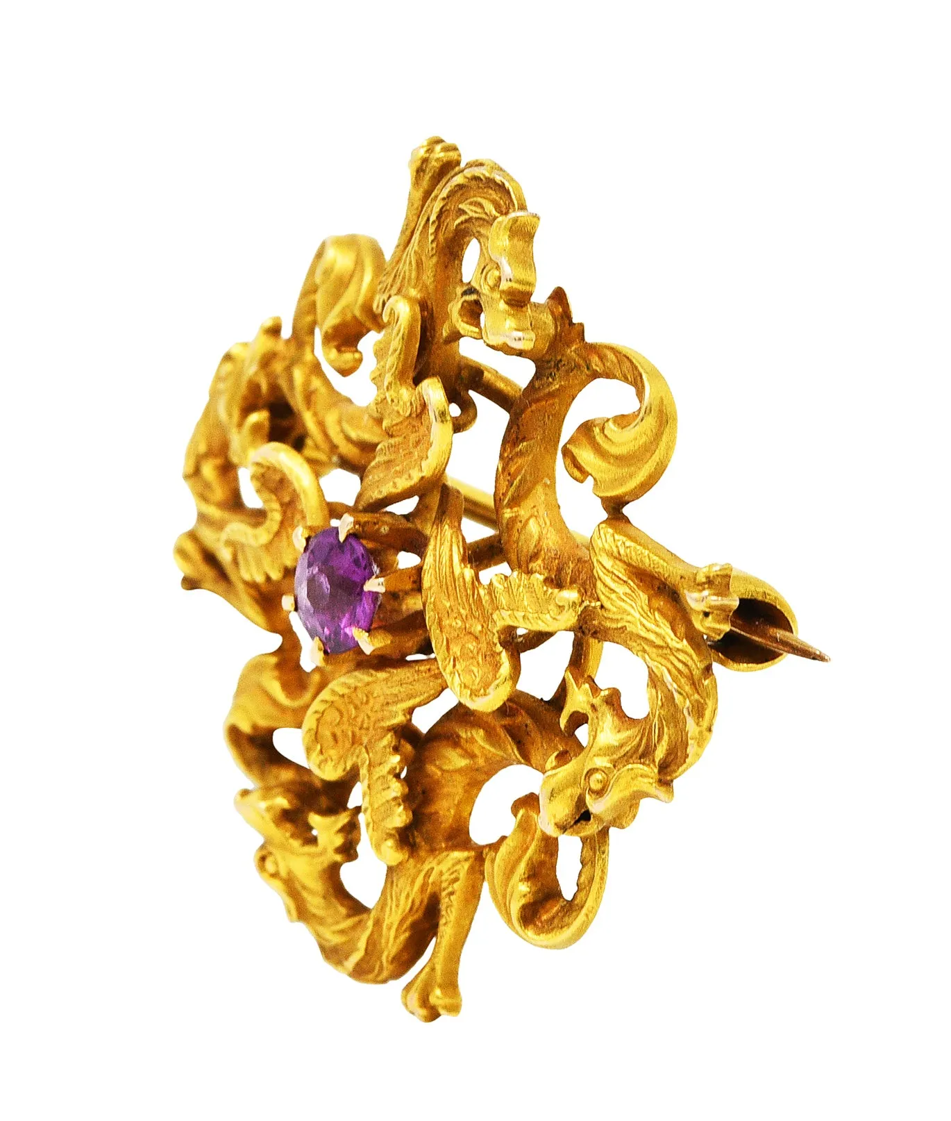 Art Nouveau Spinel 14 Karat Gold Dragon Brooch