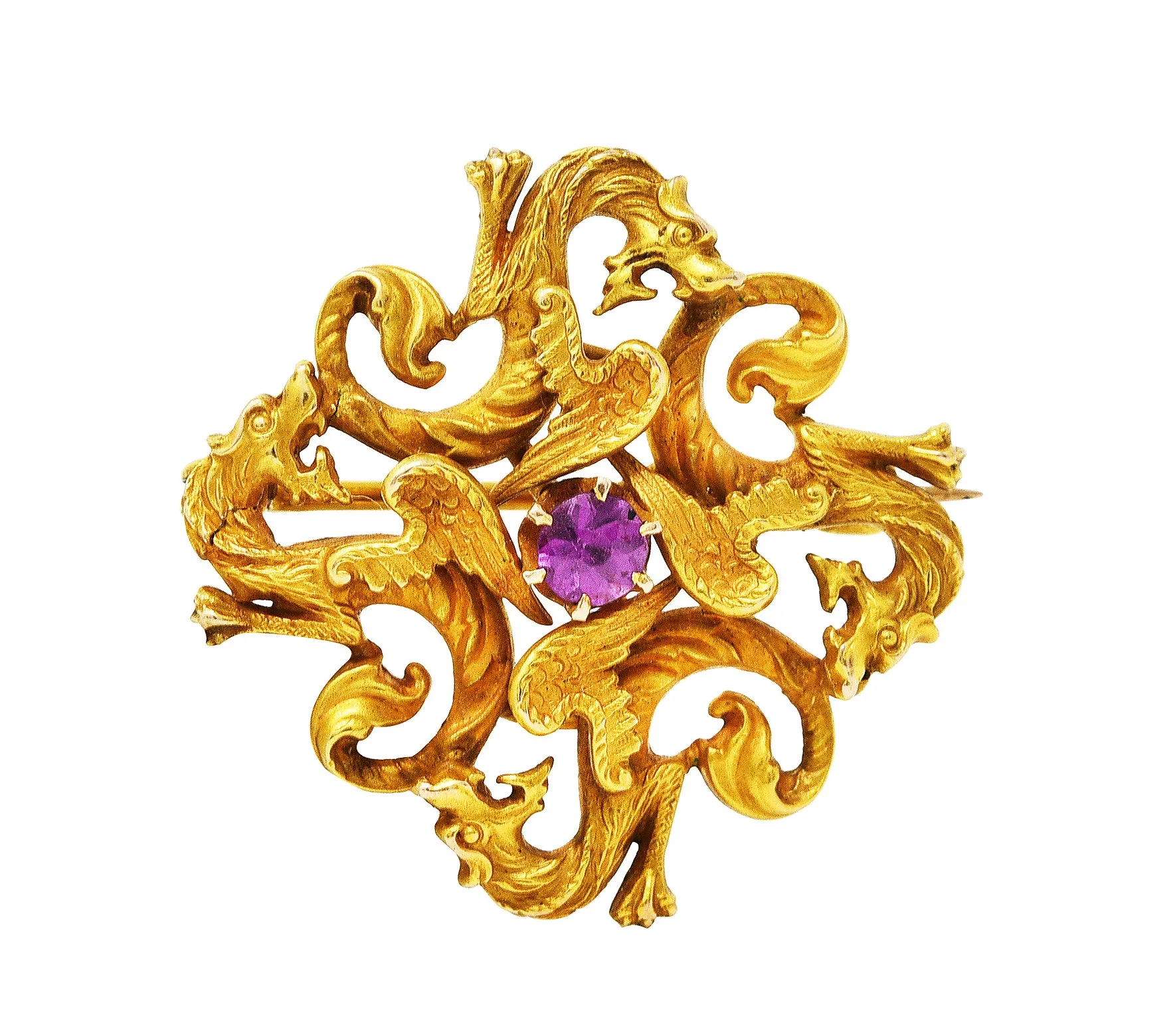 Art Nouveau Spinel 14 Karat Gold Dragon Brooch
