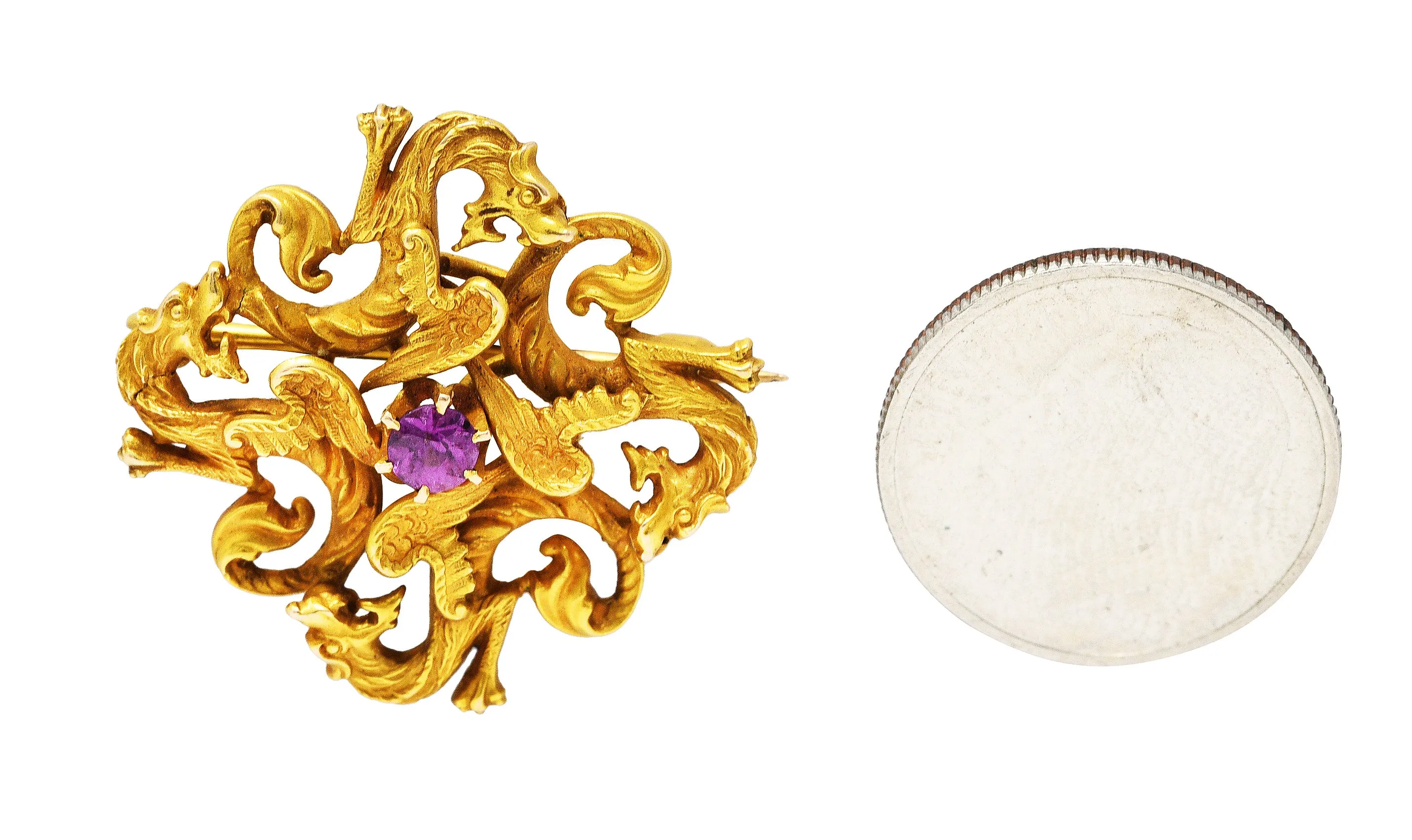 Art Nouveau Spinel 14 Karat Gold Dragon Brooch