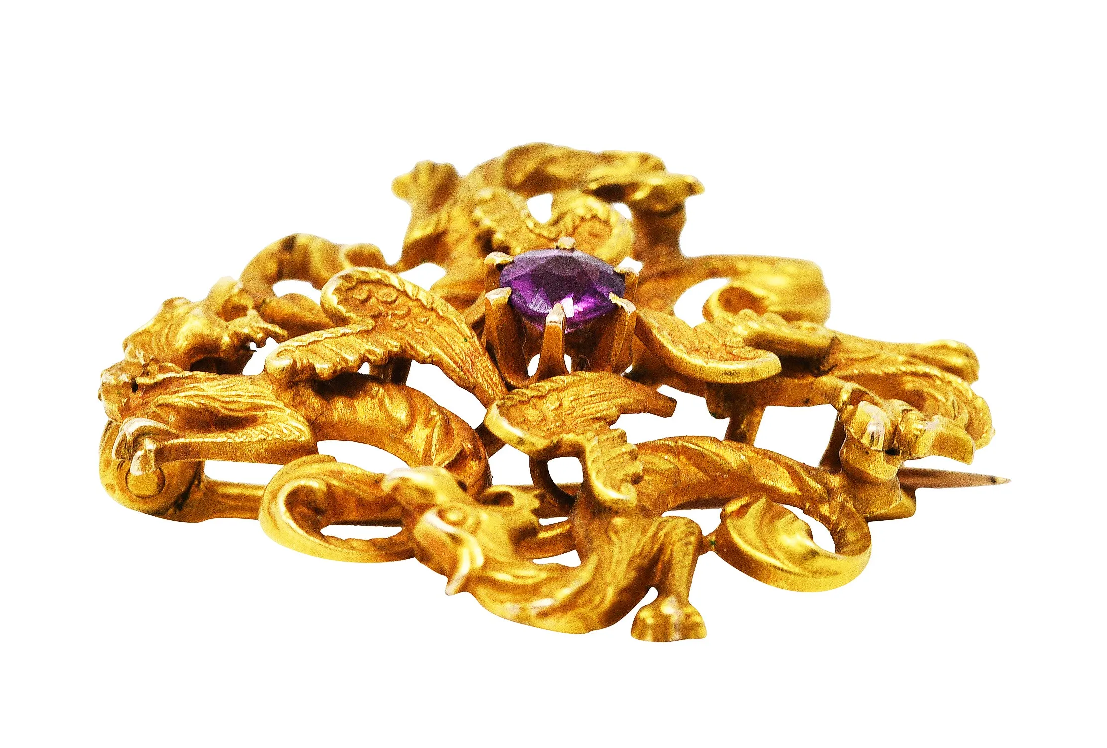 Art Nouveau Spinel 14 Karat Gold Dragon Brooch