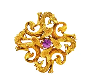 Art Nouveau Spinel 14 Karat Gold Dragon Brooch