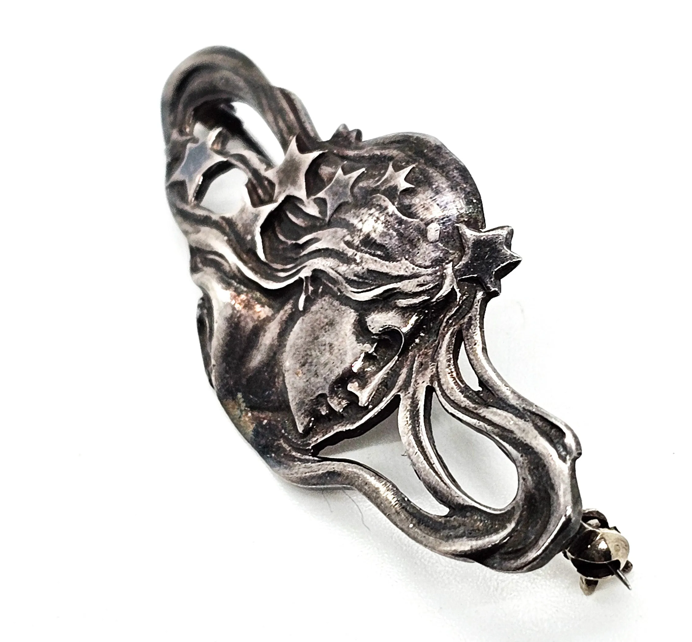 Art Nouveau style Celestial Nymph woman lady Liberty sterling silver brooch
