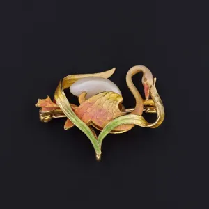 Art Nouveau Swan Pin or Brooch by Krementz | Antique 14k Gold & Pearl Swan Pin