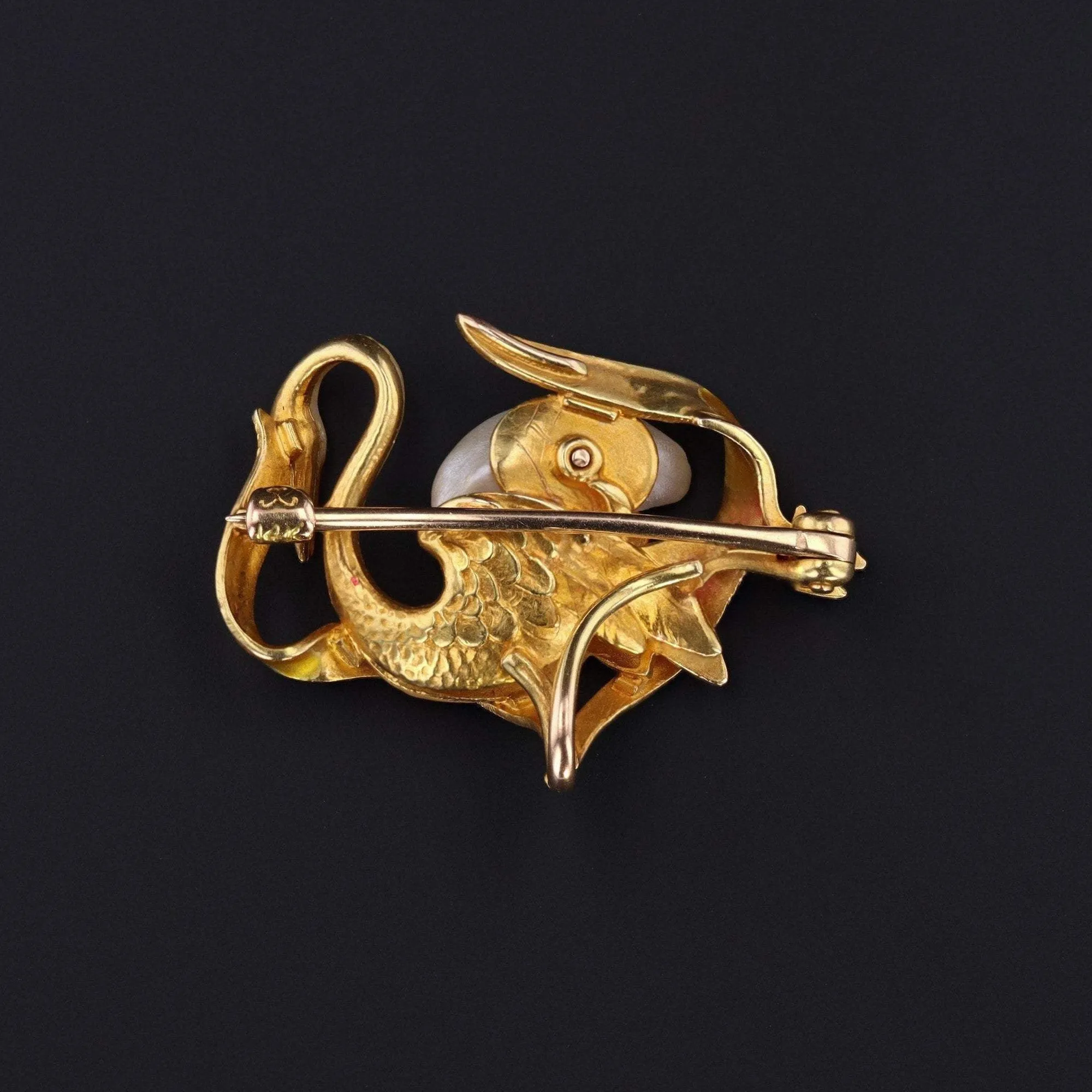 Art Nouveau Swan Pin or Brooch by Krementz | Antique 14k Gold & Pearl Swan Pin