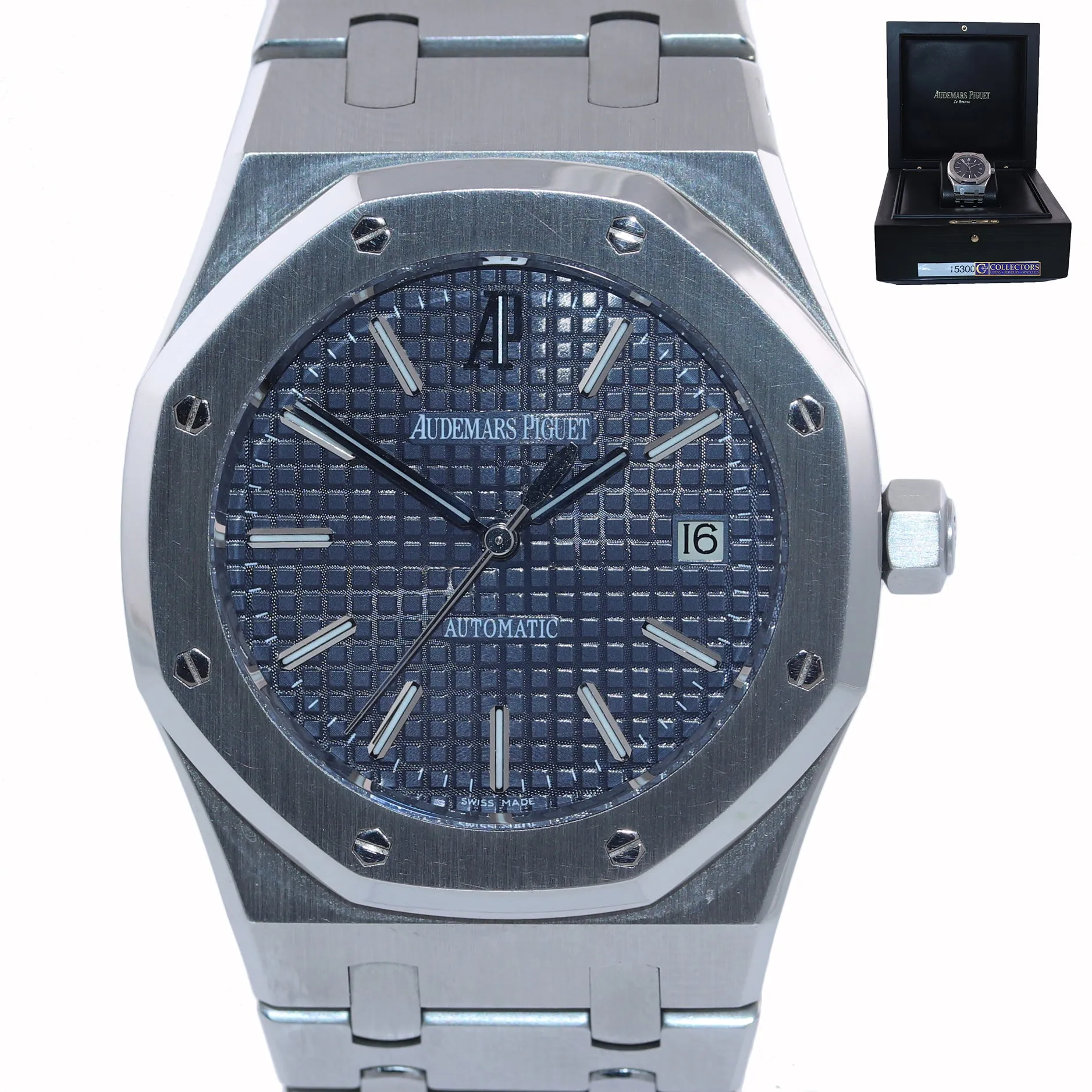 Audemars Piguet Royal Oak Blue Stick Dial 39mm Steel 15300 Date Watch Box