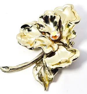 Aurora Borealis rhinestone gold toned flower vintage mid century brooch