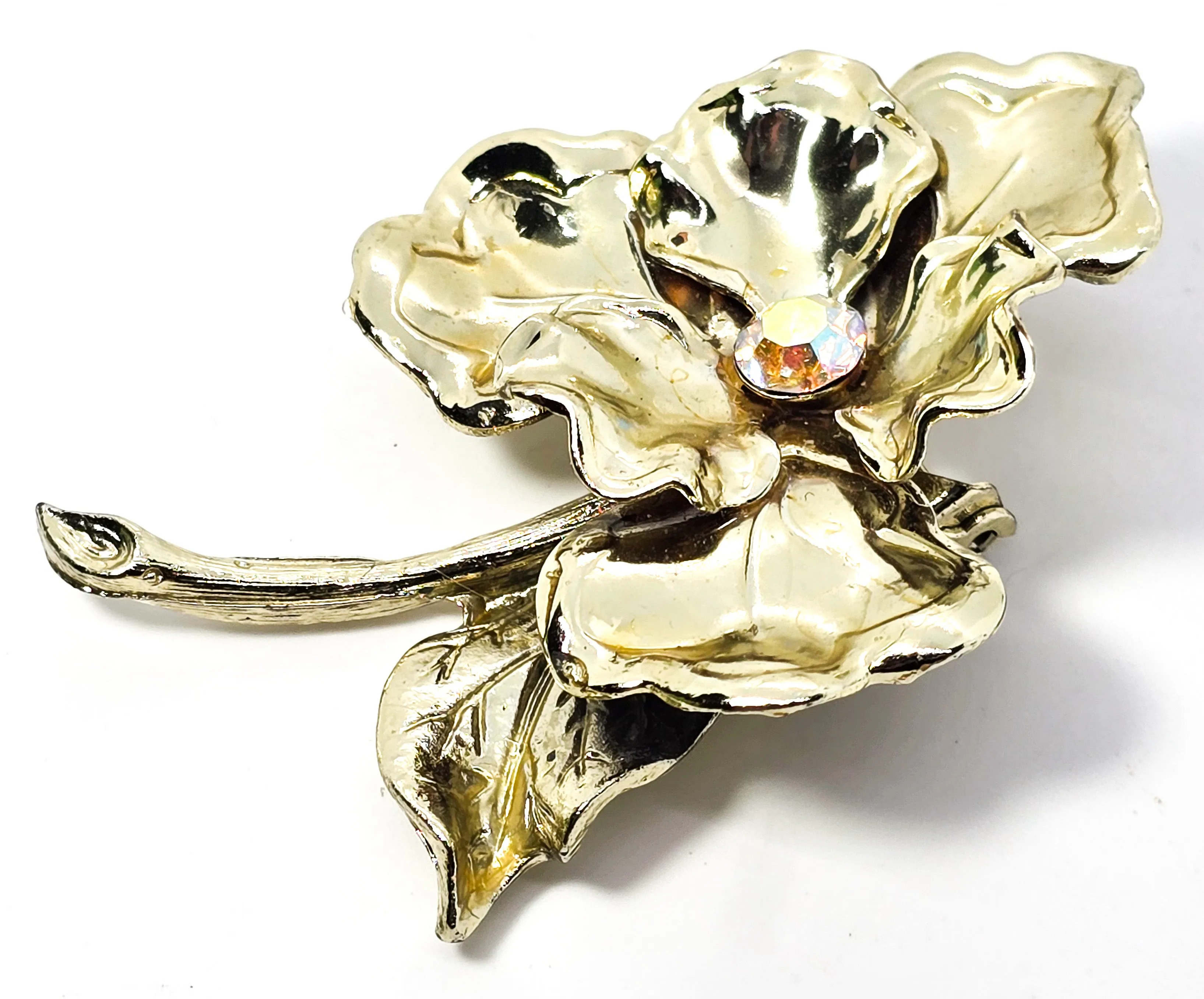 Aurora Borealis rhinestone gold toned flower vintage mid century brooch