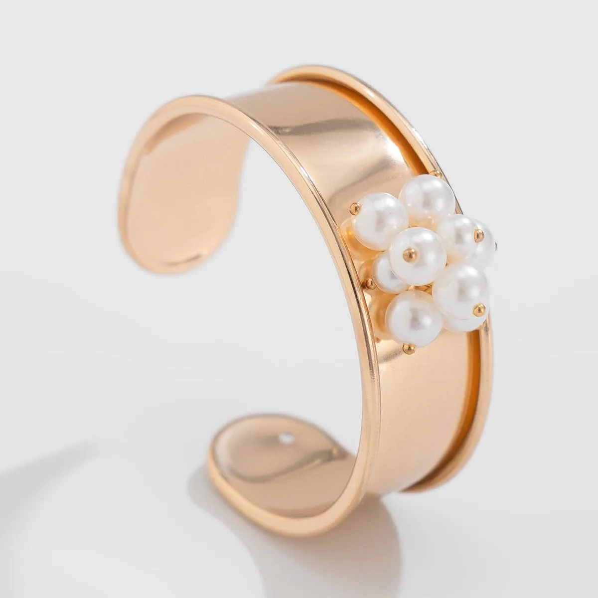 Baroque Glossy Pearl Charm Open Wide Cuff Bangle Bracelet Ring Set