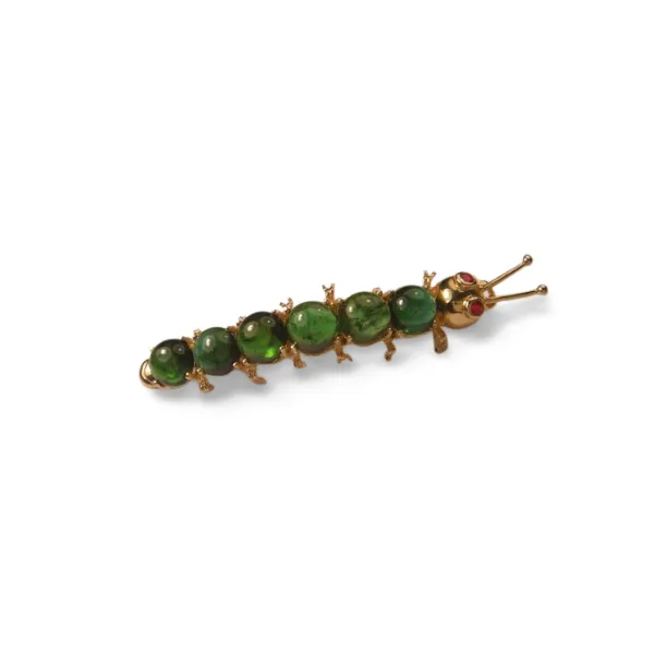 Beautiful 14K Yellow Gold Cabochon Peridot Caterpillar Brooch Pin
