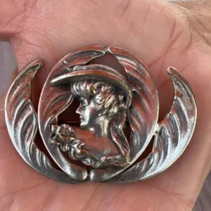 Beautiful Antique Brooch Feminine Art Nouveau Repoussé Lady Figural Floral Silver Plated Large Round 2.5"