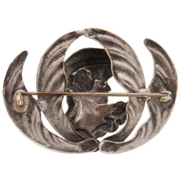 Beautiful Antique Brooch Feminine Art Nouveau Repoussé Lady Figural Floral Silver Plated Large Round 2.5"