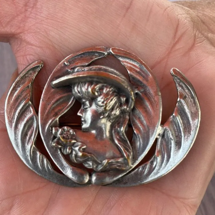 Beautiful Antique Brooch Feminine Art Nouveau Repoussé Lady Figural Floral Silver Plated Large Round 2.5"