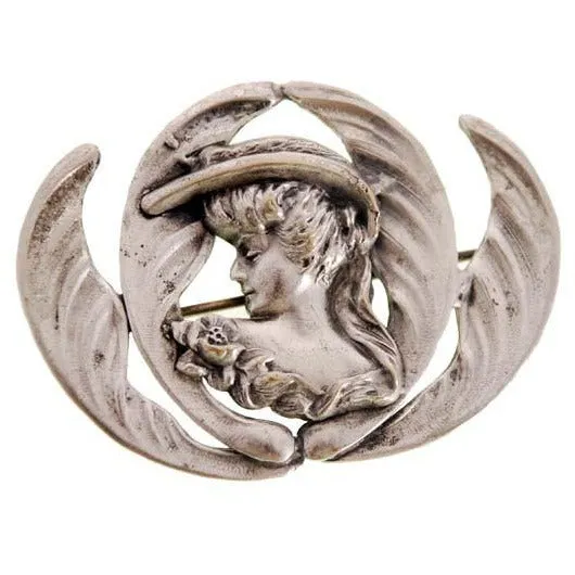 Beautiful Antique Brooch Feminine Art Nouveau Repoussé Lady Figural Floral Silver Plated Large Round 2.5"