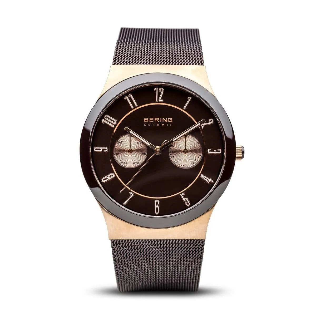 BERING Ceramic Brushed Rose Gold Multifunction Mesh Band Men's Watch 32139-265
