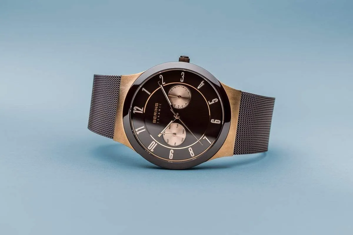 BERING Ceramic Brushed Rose Gold Multifunction Mesh Band Men's Watch 32139-265