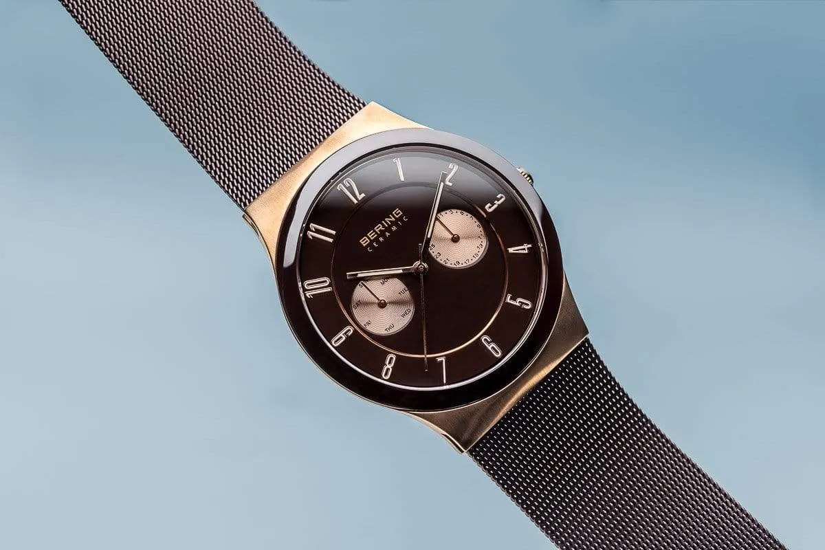 BERING Ceramic Brushed Rose Gold Multifunction Mesh Band Men's Watch 32139-265