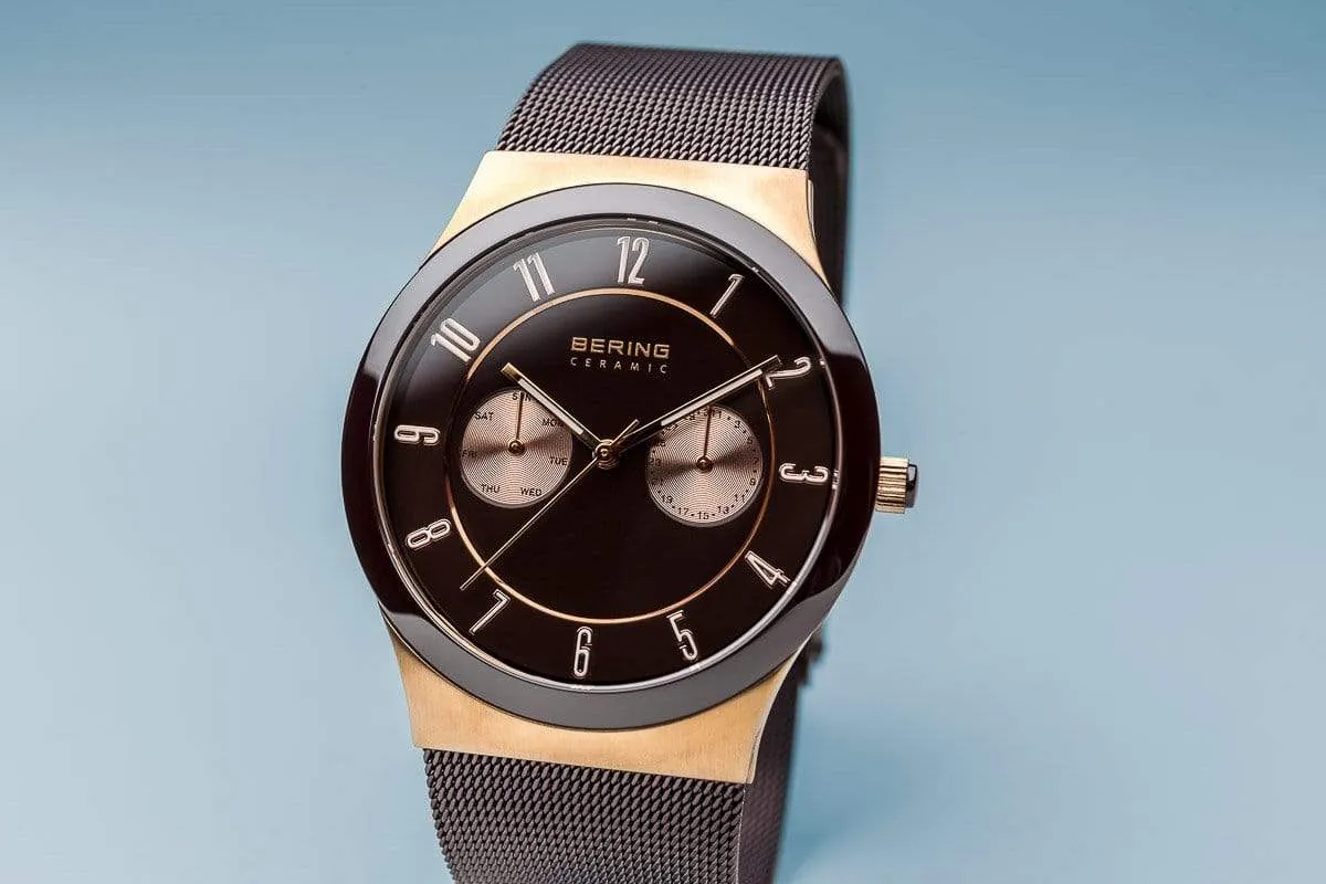 BERING Ceramic Brushed Rose Gold Multifunction Mesh Band Men's Watch 32139-265
