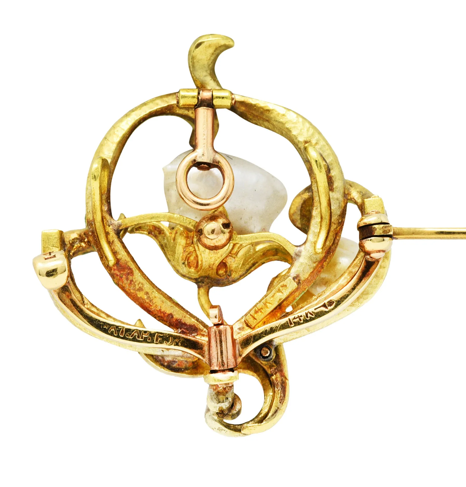 Bippart & Co. Art Nouveau Pearl Enamel 14 Karat Gold Floral Pendant Brooch
