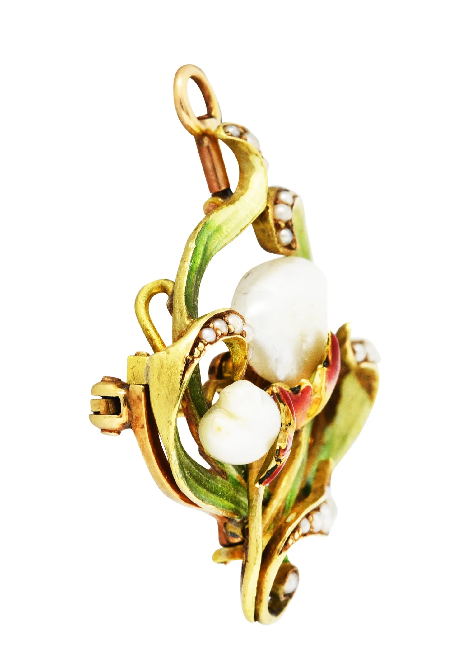 Bippart & Co. Art Nouveau Pearl Enamel 14 Karat Gold Floral Pendant Brooch