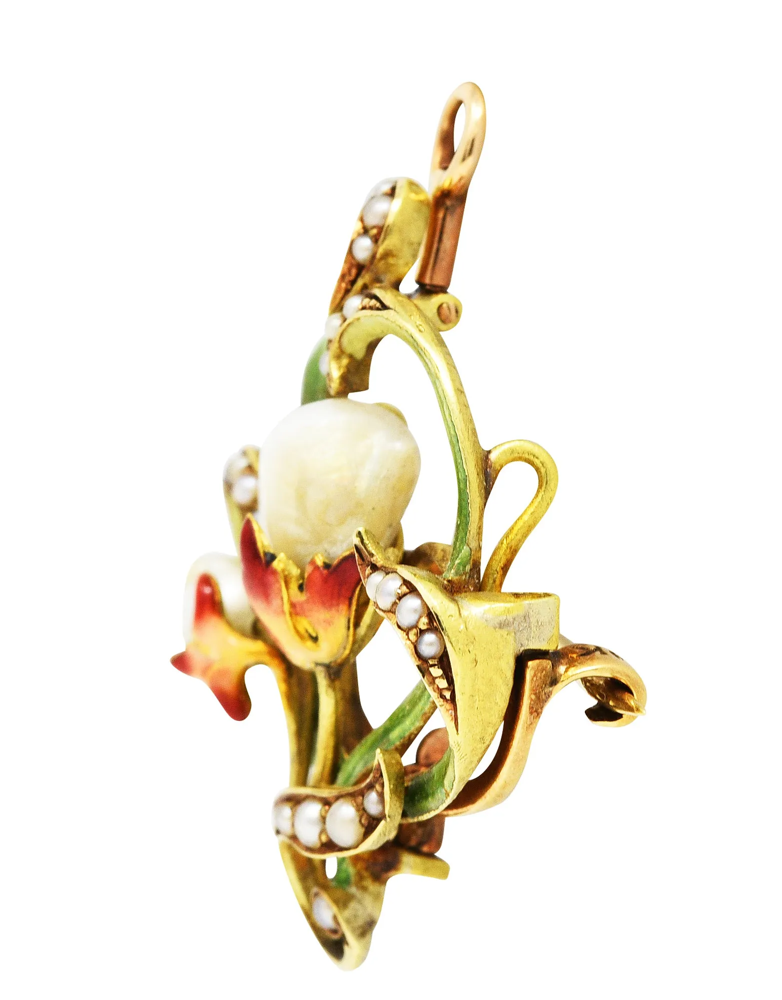 Bippart & Co. Art Nouveau Pearl Enamel 14 Karat Gold Floral Pendant Brooch