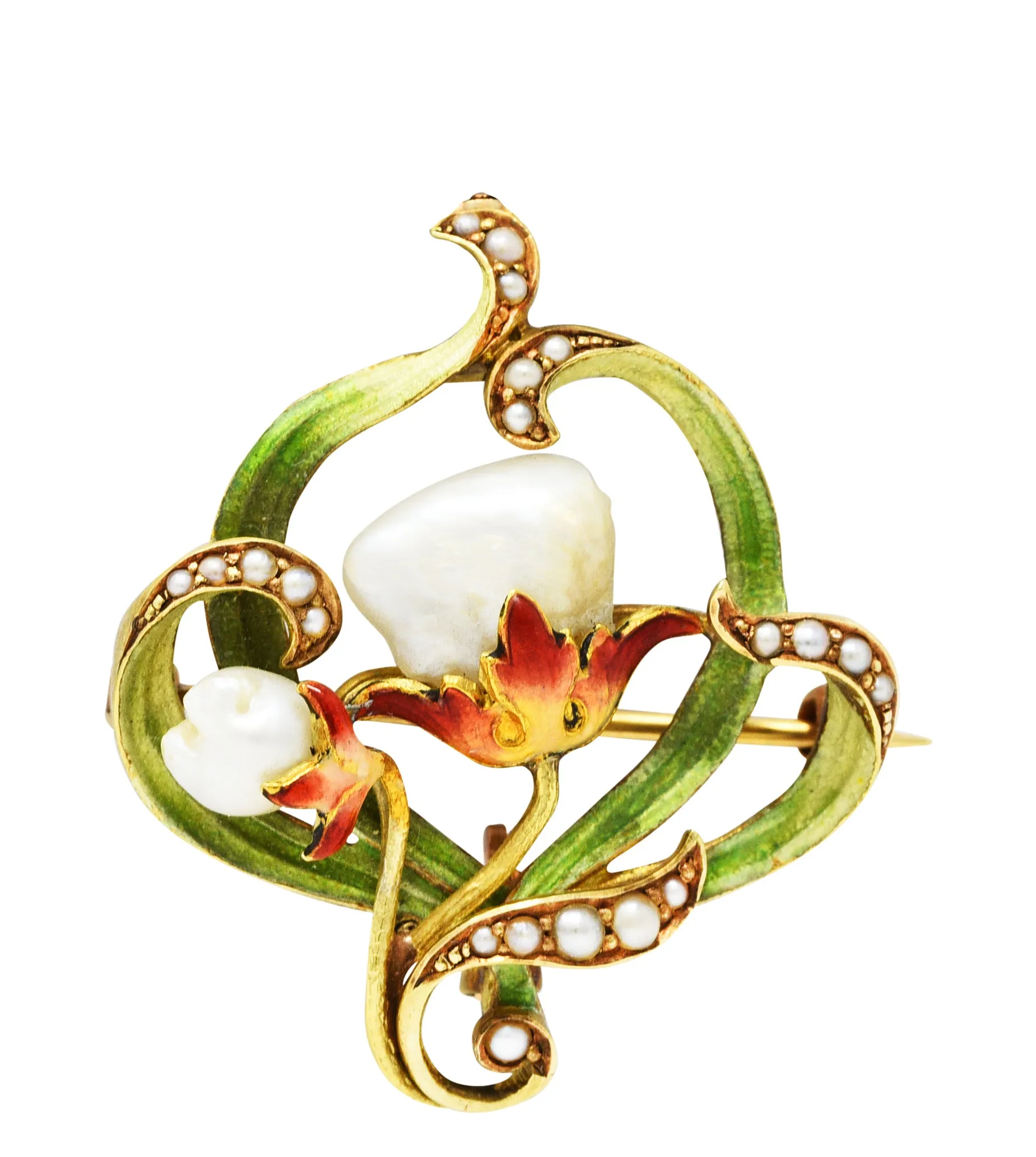 Bippart & Co. Art Nouveau Pearl Enamel 14 Karat Gold Floral Pendant Brooch