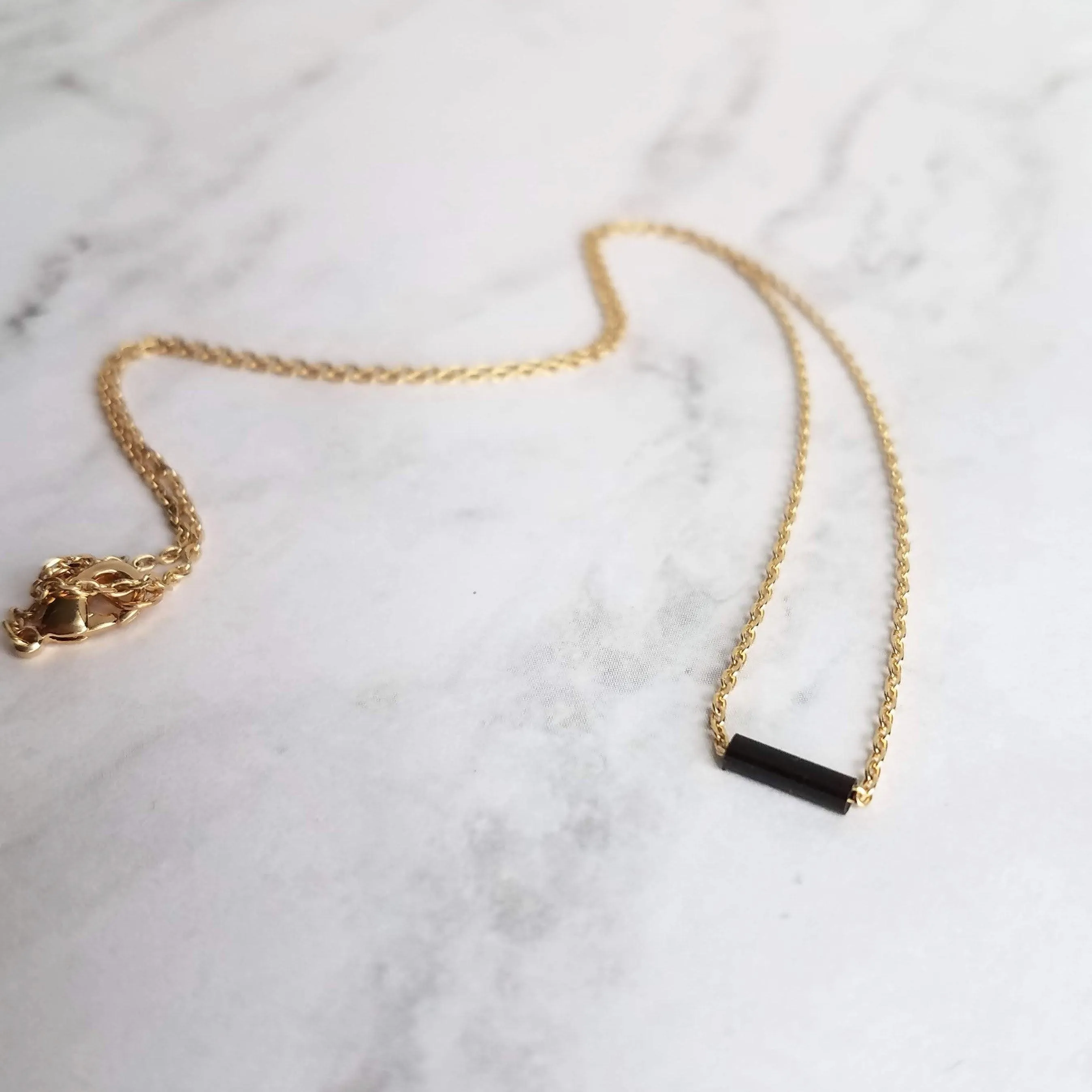 Black and Gold Necklace, dash necklace, bar necklace, line necklace, tube necklace, black line necklace, thin gold chain, sliding tube