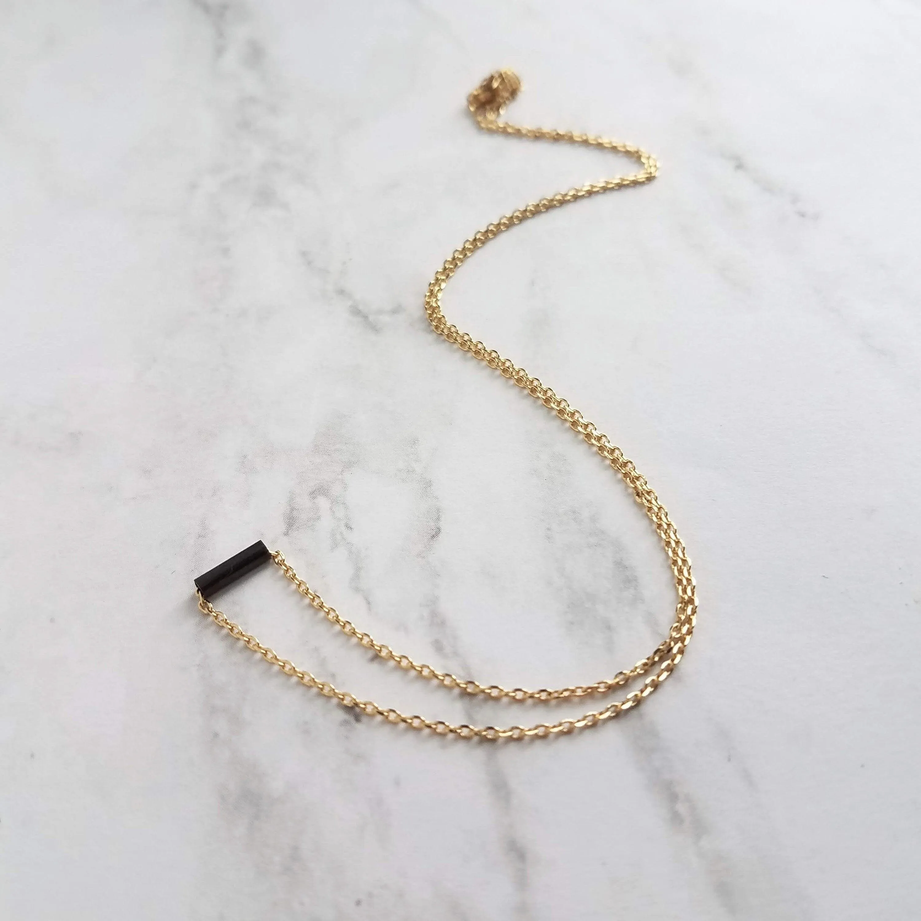 Black and Gold Necklace, dash necklace, bar necklace, line necklace, tube necklace, black line necklace, thin gold chain, sliding tube