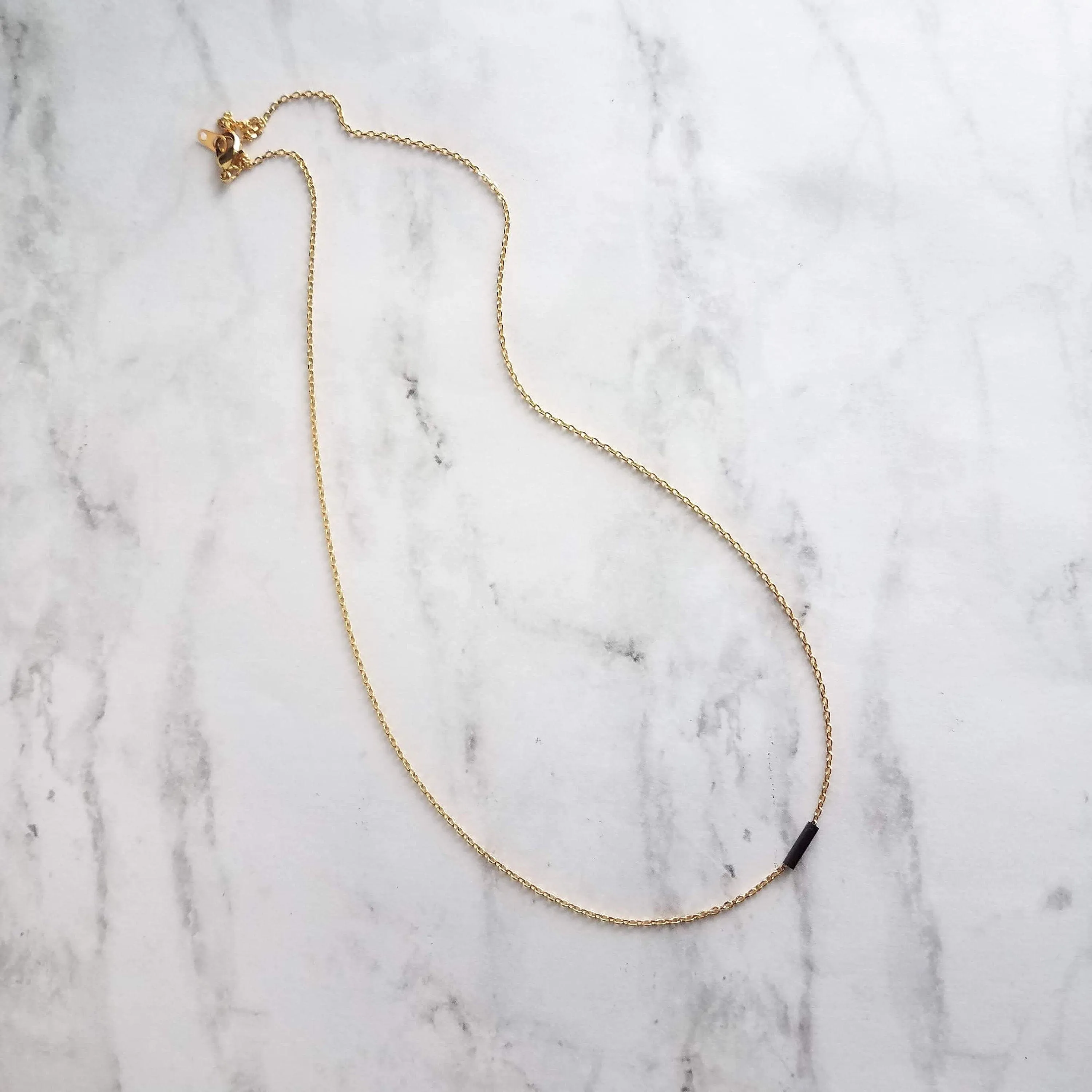 Black and Gold Necklace, dash necklace, bar necklace, line necklace, tube necklace, black line necklace, thin gold chain, sliding tube