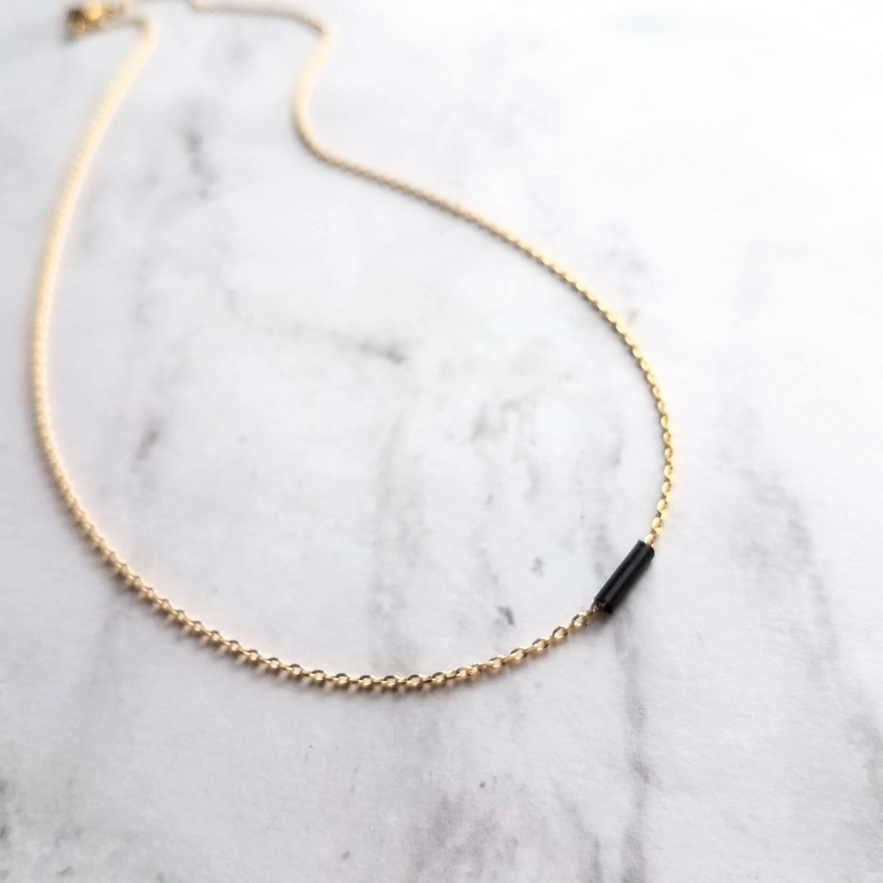 Black and Gold Necklace, dash necklace, bar necklace, line necklace, tube necklace, black line necklace, thin gold chain, sliding tube