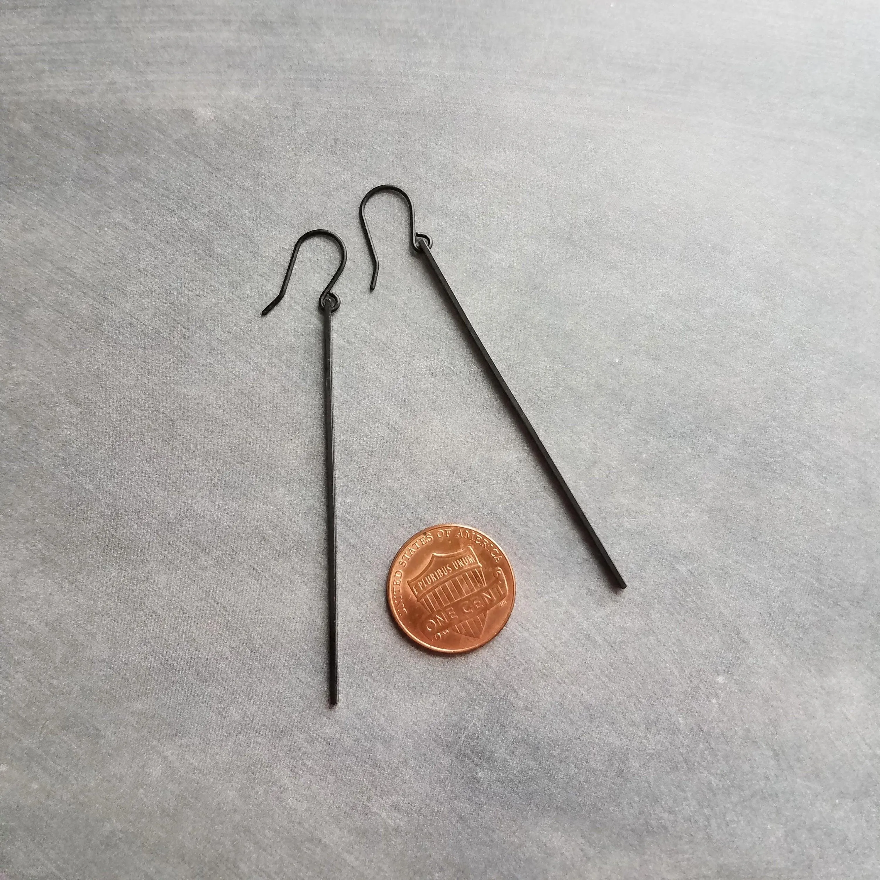 Black Bar Earrings, 2.75" long black earring, black stick earring, narrow bar earring, long thin earring, matte black earring flat rectangle