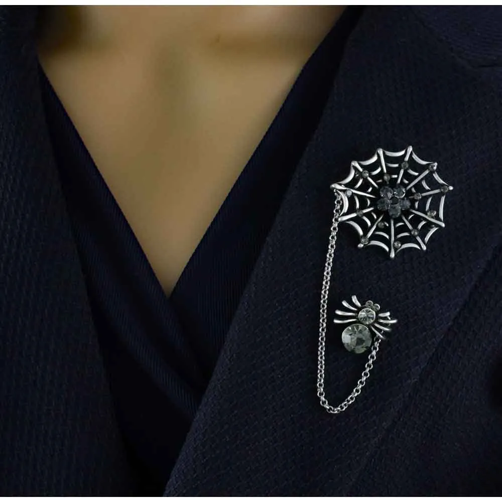 Black Crystal Spider and Web Jewelry Brooch Pin - PRA702