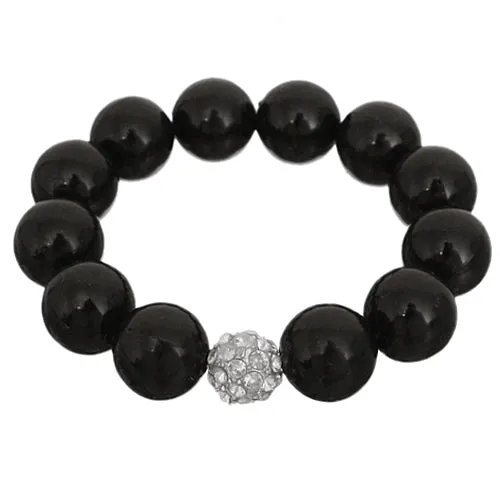 Black Faux Pearl Shamballa Stretch Bracelet