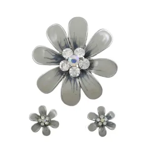 Blue Gray Flower Brooch Pin and Earring Gift Set - PRL909BS