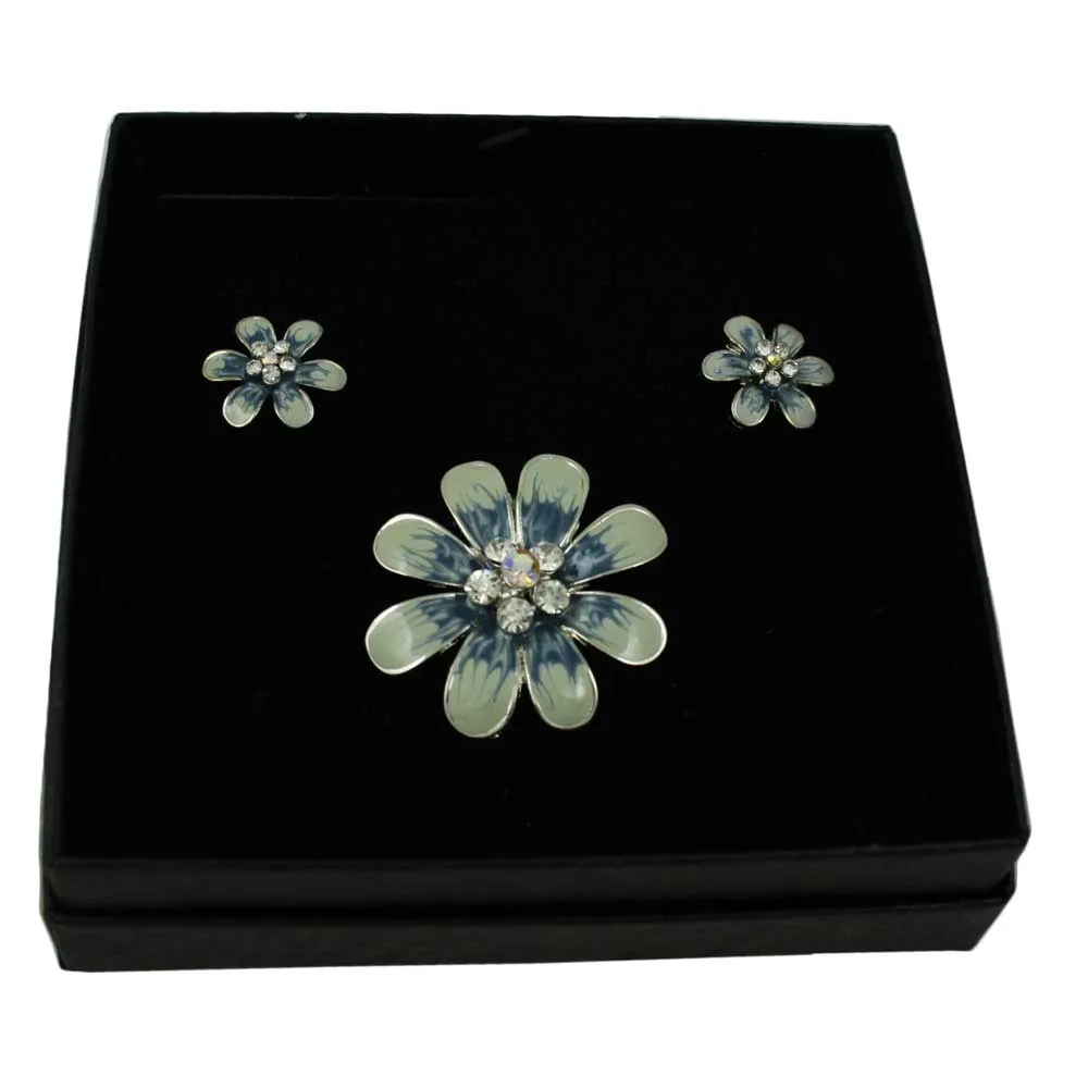 Blue Gray Flower Brooch Pin and Earring Gift Set - PRL909BS
