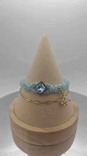 BLUE Seed bead & GOLD Paperclip chain - Bracelet Set