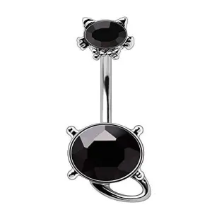 Body Accentz 316L Stainless Steel Fancy Black Cat Navel Ring Belly Button Ring