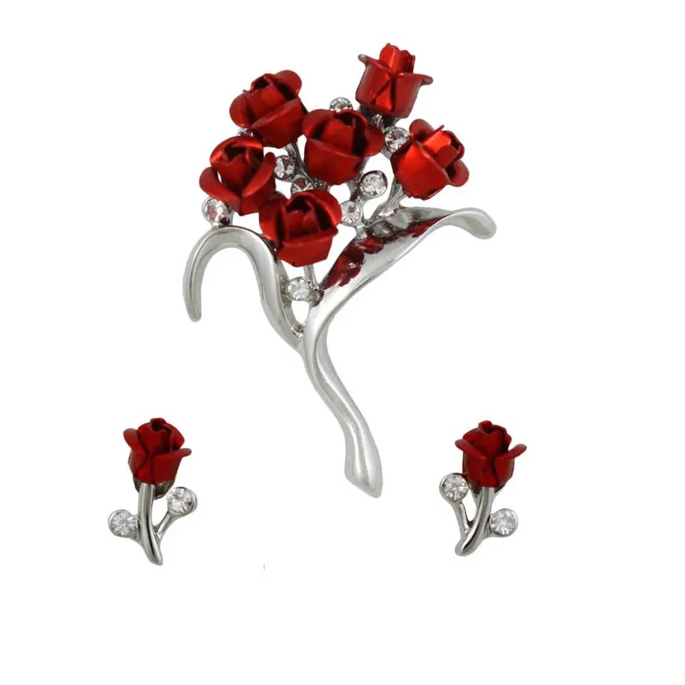 Bouquet of Red Roses Brooch Pin and Rose Earring Set - PRL105SBS